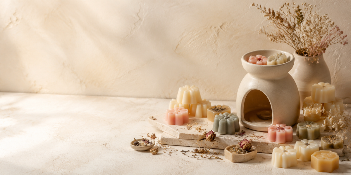 A styled arrangement of handmade wax melts and scented wax candles in soft pastel colors, including a ceramic wax warmer and dried floral decor, set against a warm beige textured background.